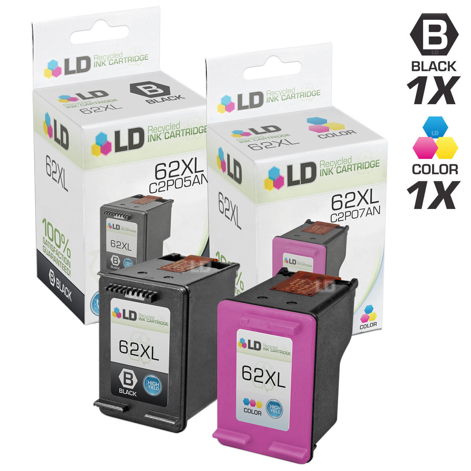 LD Reman Replacements for HP 62XL 2PK: 1 C2P05AN Black/1 C2P07AN Color