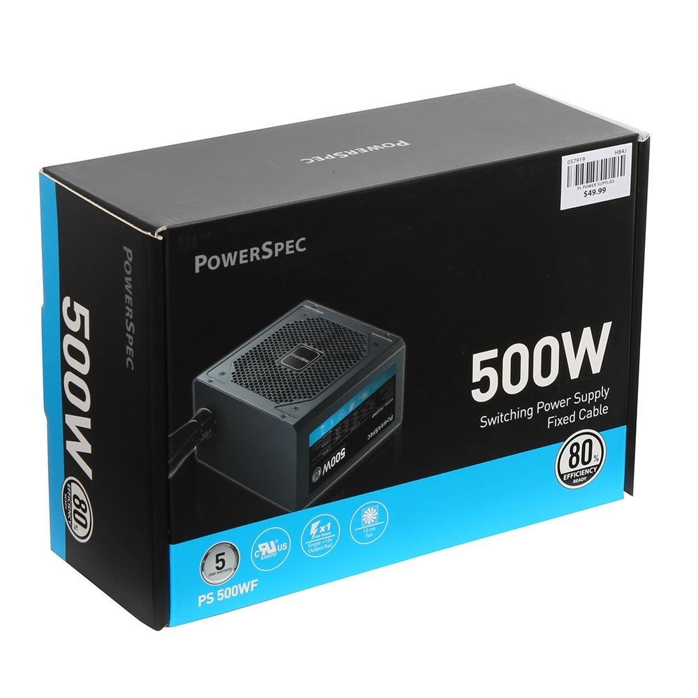 PowerSpec 500W Power Supply Fixed Cable Non-Modular ATX