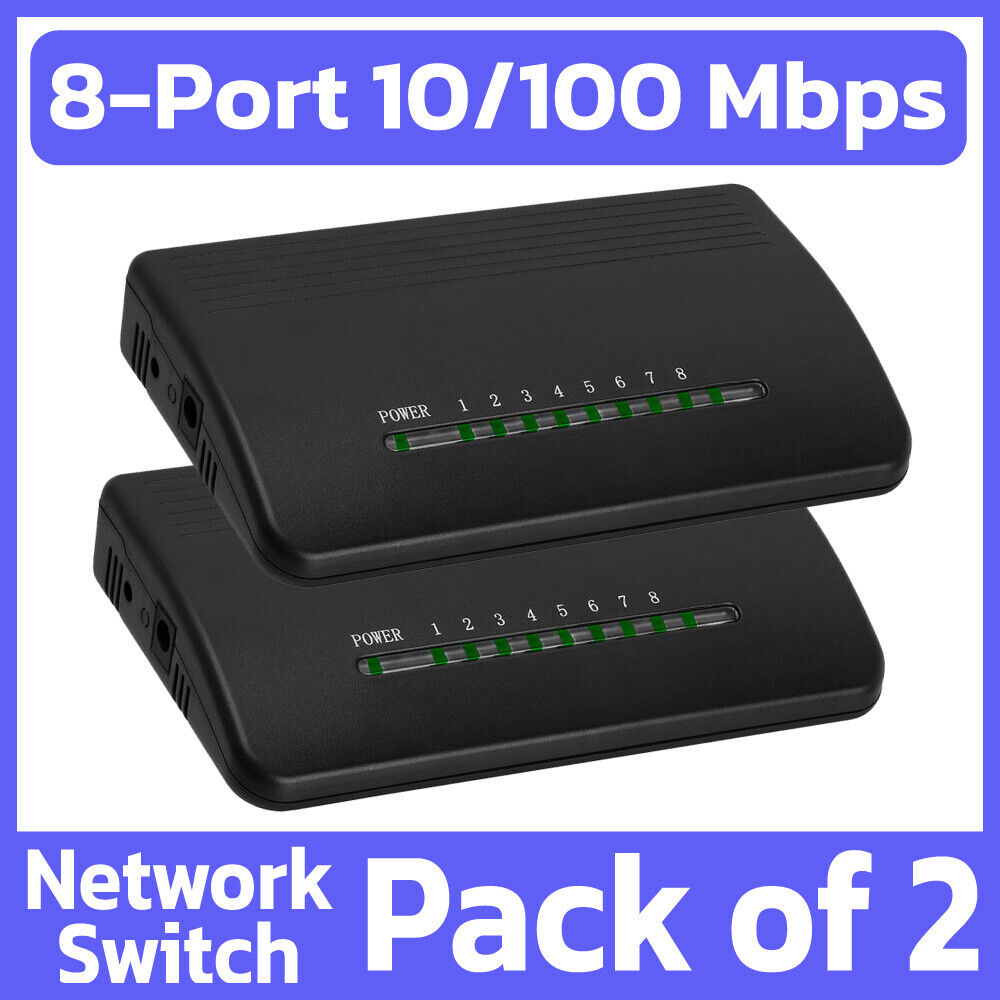 2 Pack 8 Port 100Mbps Network Switch RJ45 LAN Ethernet Sharing Hub Mac PC TV