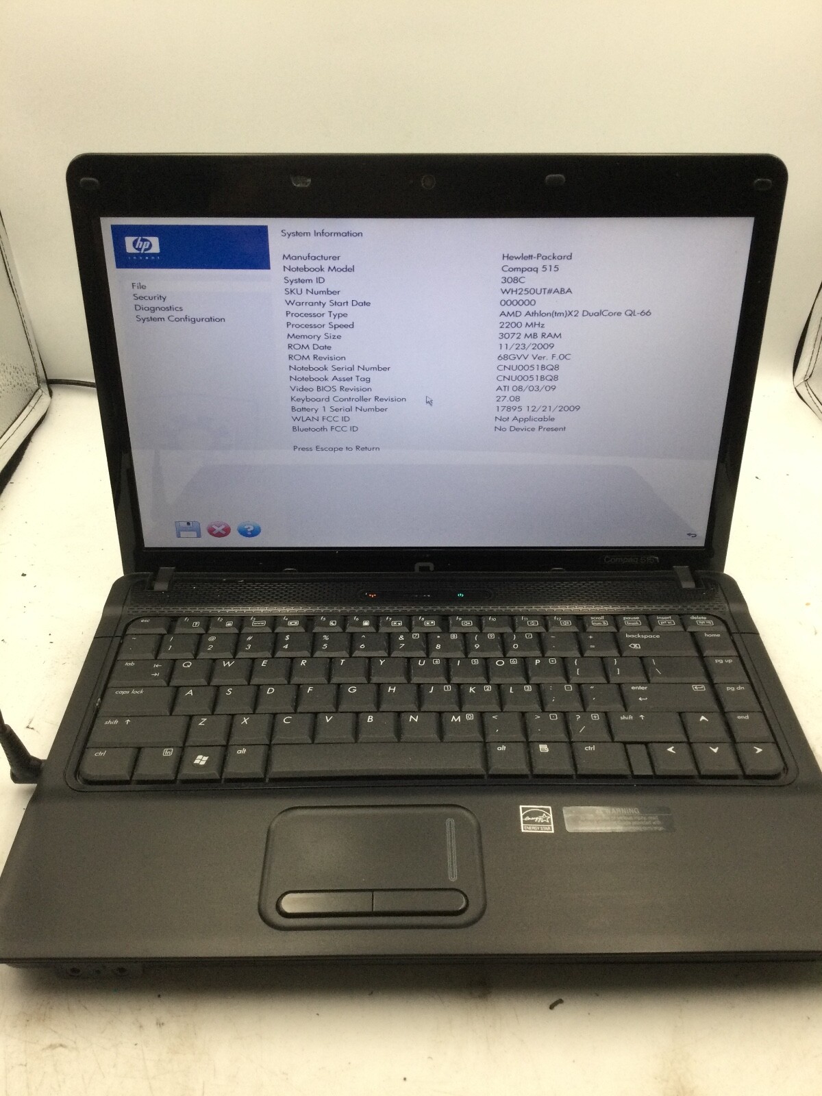 HP COMPAQ 515 - BOOTS TO BIOS - AMD ATHLON X2 - 3GB RAM - 15" - READ DESCRIP -BB