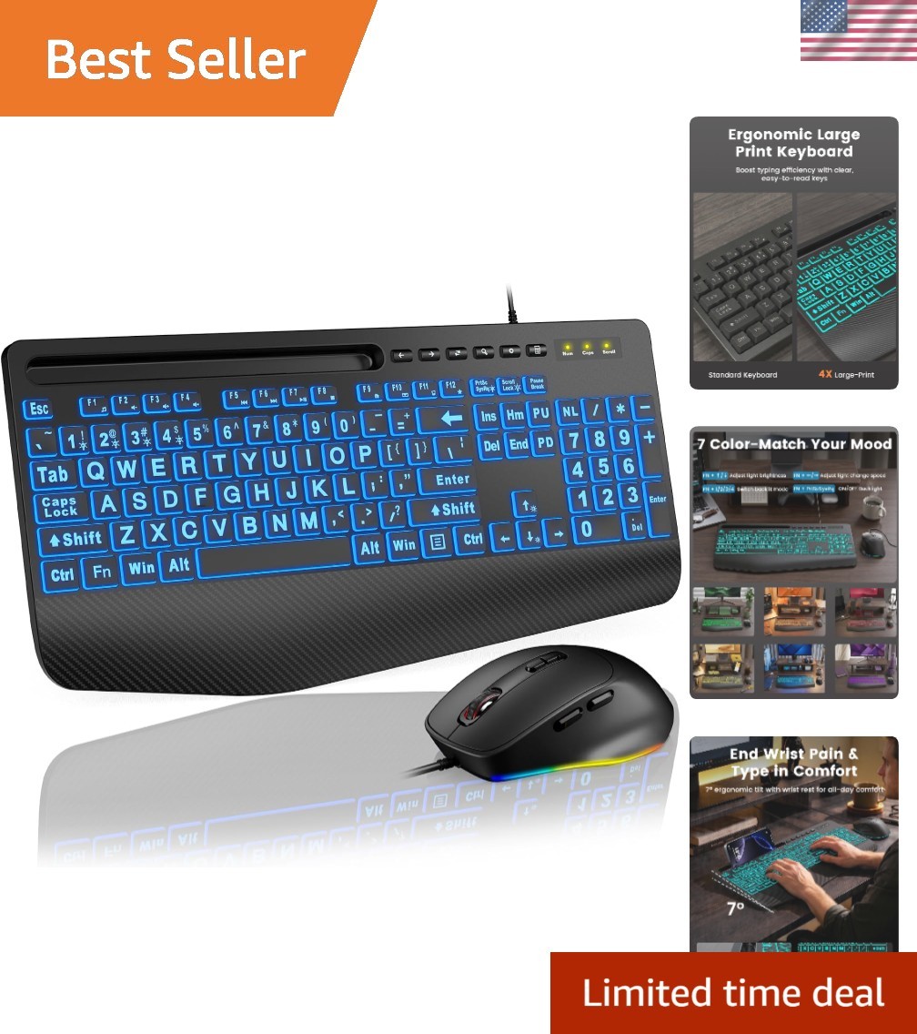 KM21Pro Wired Keyboard and Mouse Combo, 4X Larger Print Backlit Keys, Palm Re...
