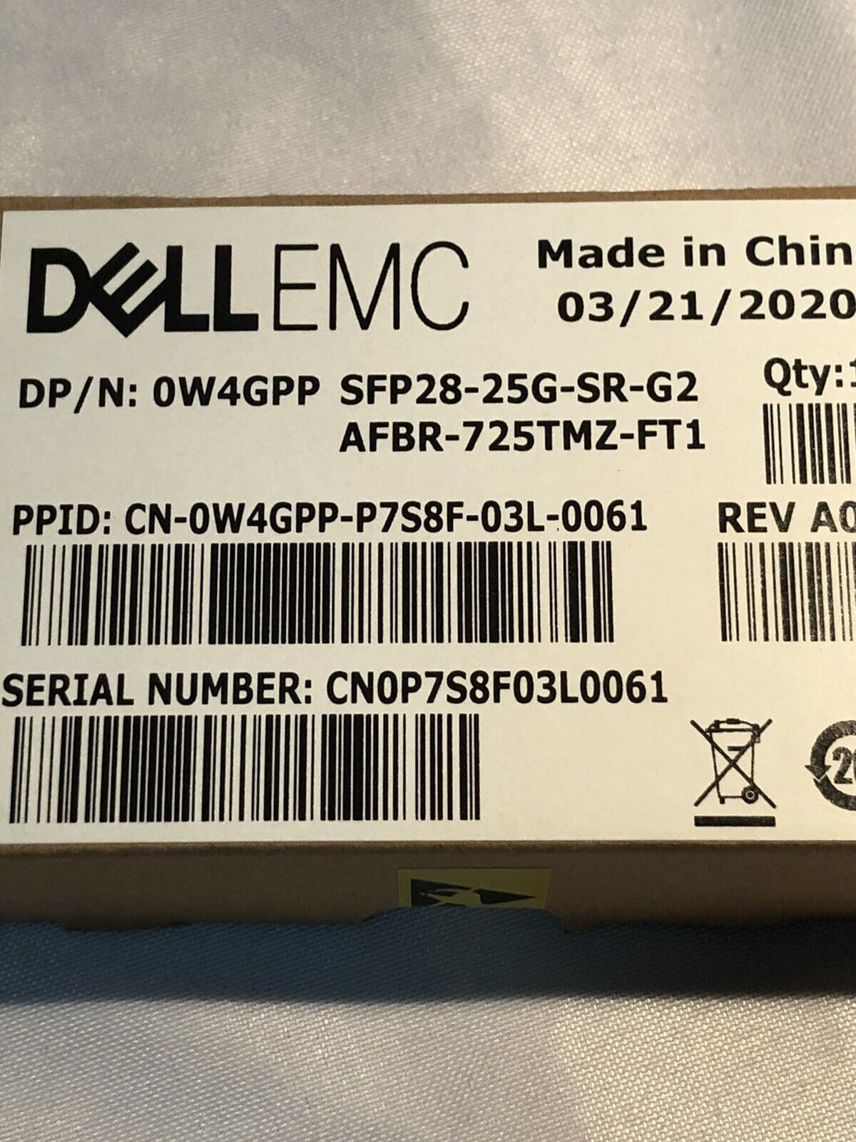 Dell/EMC 0W4GPP SFP28-25G-SR-G2 SFP-25G-SR 850nm LC AFBR-725TMZ-FT1