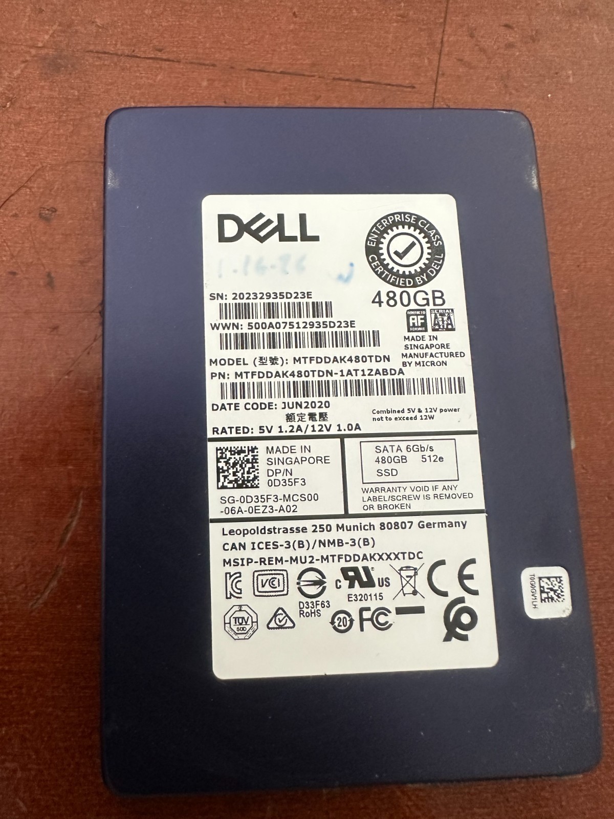 D35F3 Dell 480GB SATA Mixed Use 2.5" 6Gbps 512e 0D35F3 MTFDDAK480TDN SSD