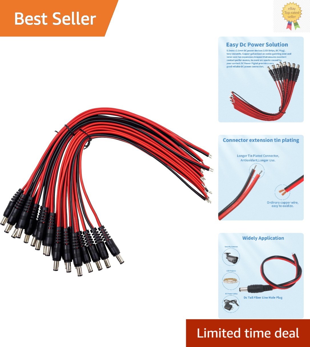 Versatile 20-Pack of 12V DC Power Pigtails - Compatible with LED & CCTV Devices