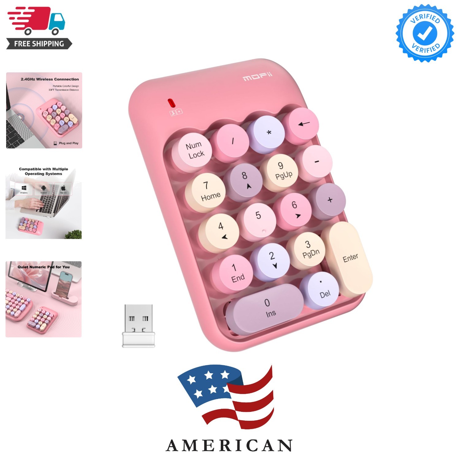 Wireless Number Pads - Pink Numeric Keypad 18 Keys USB 2.4G Round Keycap Colo...