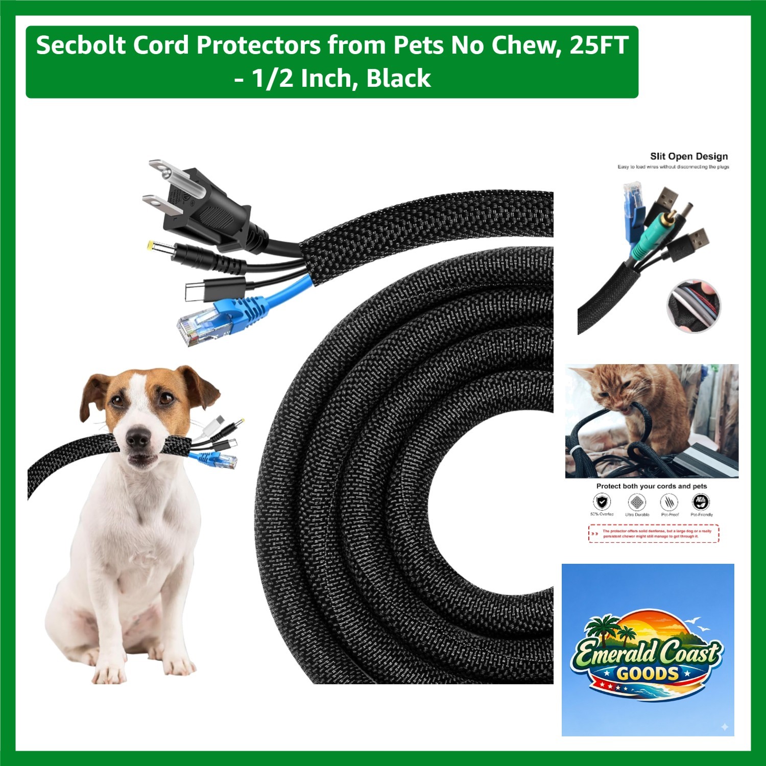 25FT No-Chew Pet Cord Protectors, 1/2 Inch, Flame-Retardant & Stylish