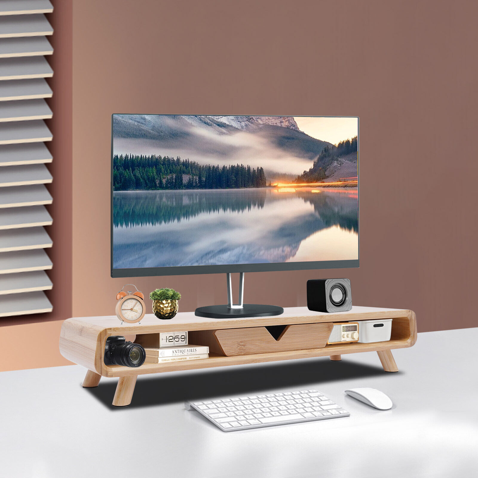 Bamboo Monitor Stand 24in Modern Office W/ Drawer Desktop Stand Back Baffle Gift