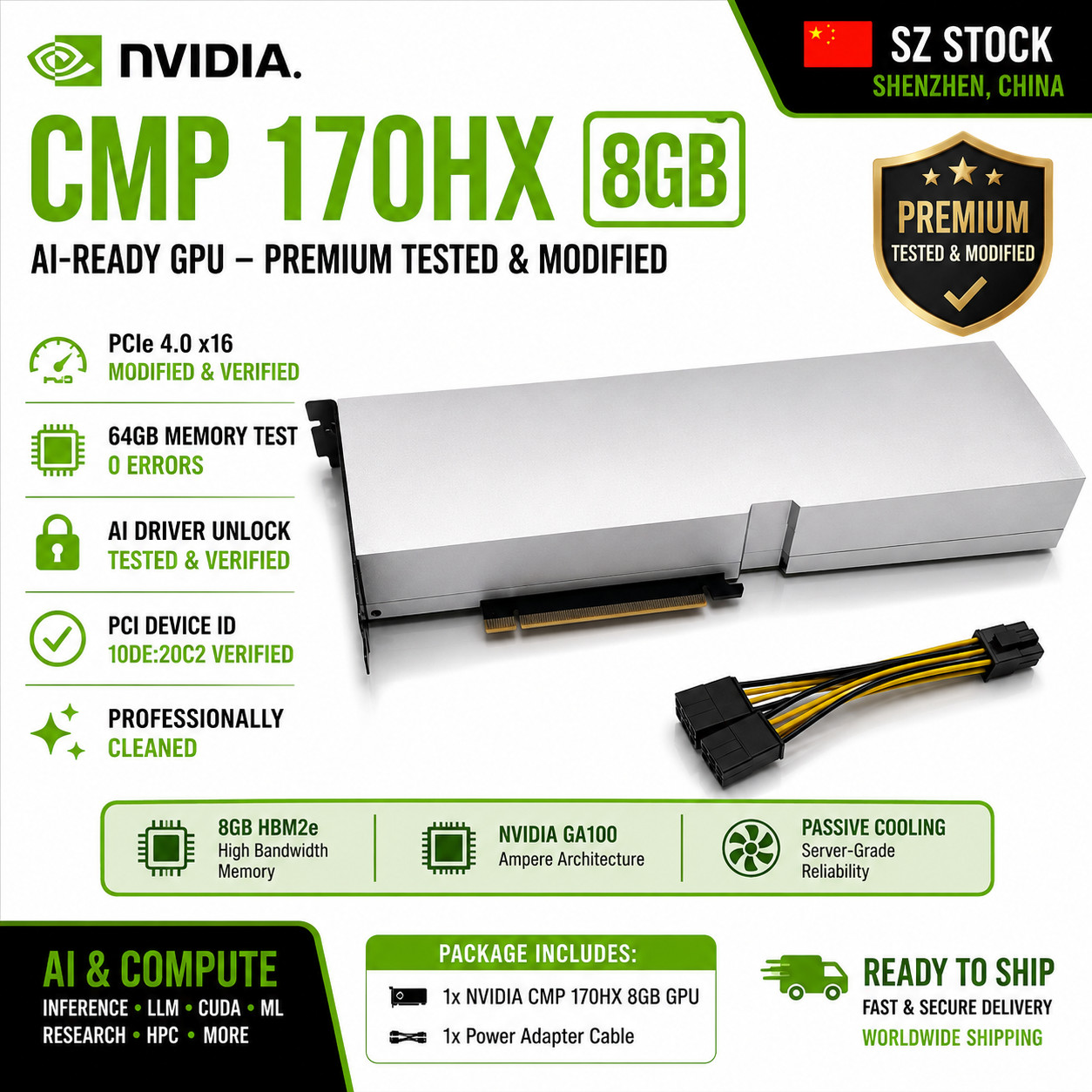 NVIDIA CMP 170HX 8GB AI Compute GPU 64GB – FULLY TESTED + PCIe 4.0 x16 MOD