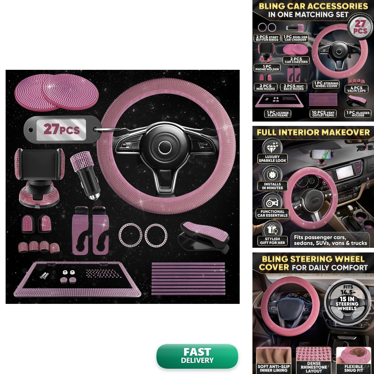 Bling Car Accessories Set Pink 27 Pieces SD-1003 14.5-15" Steering Wheel Vents