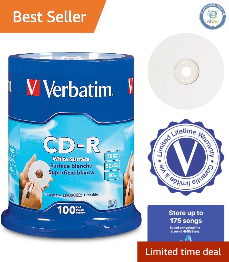 100-Pack CD-R Blank Discs - 700MB, 80 Min, 52X, High-Quality for Music & Data