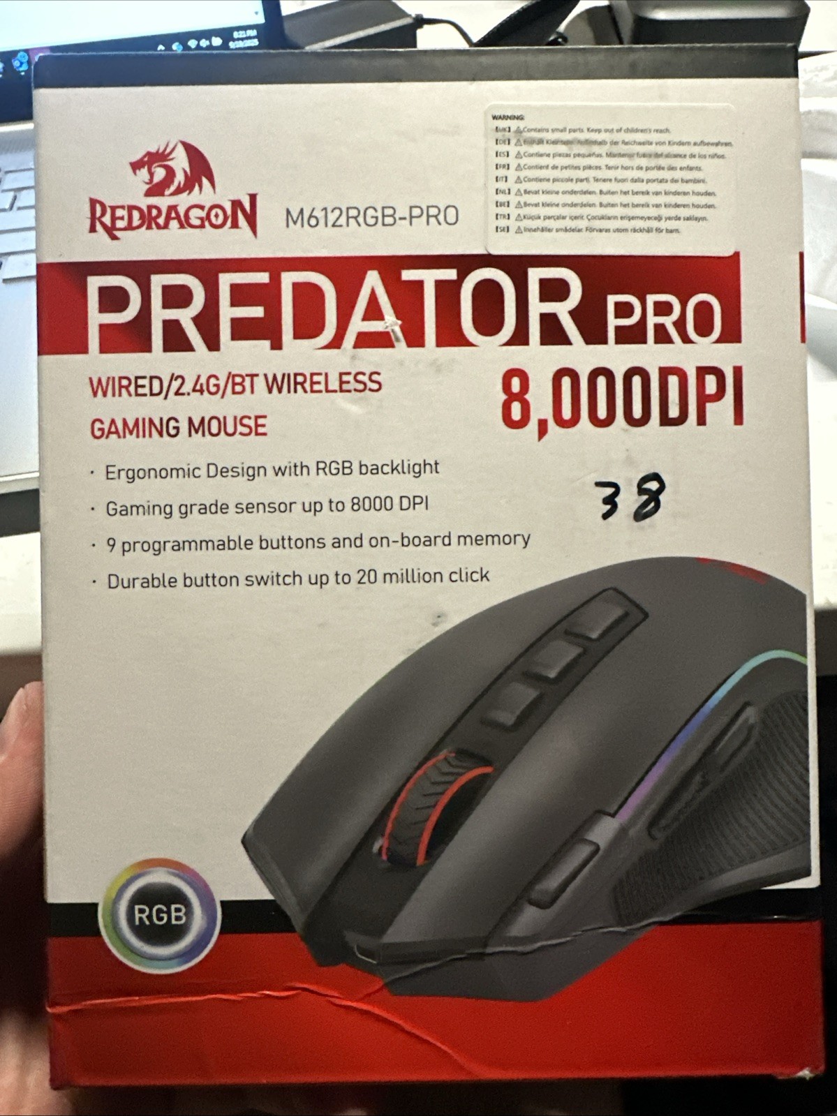 Redragon M612 Predator RGB Gaming Mouse, 8000 DPI Wireless/Wired Optical Mouse