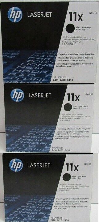 3 New Genuine Factory HP 11X Laser Toner Cartridge in the New Style Black Boxes