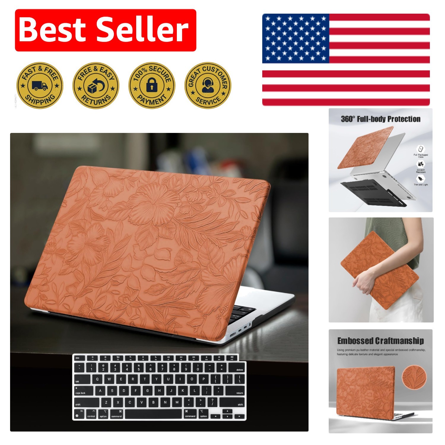 Stylish Brown Leather Hard Case for MacBook Pro 14 inch M5-M1 with Keyboard C...