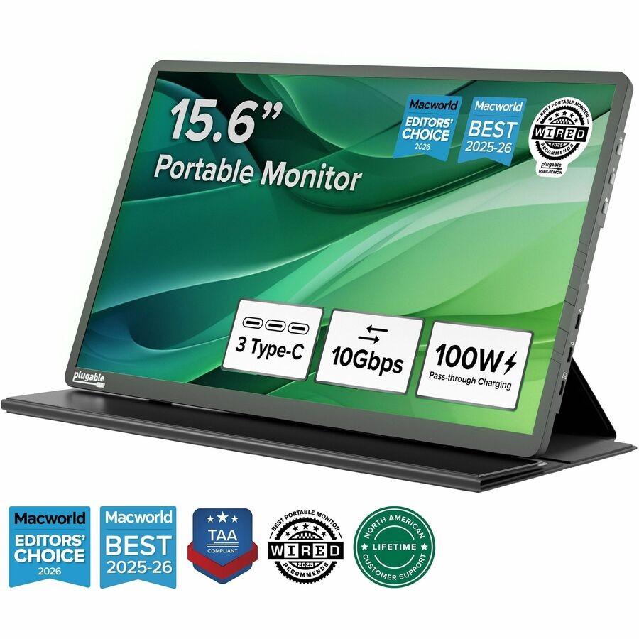 Plugable USB C Portable Monitor 15.6 Inch, 100W Pass-Through Charging for Your
