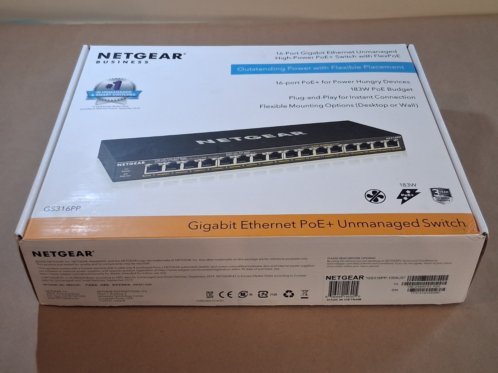NETGEAR 16Port Gigabit Ethernet Unmanaged PoE+ Switch GS316PP /w 16x PoE+ 183W