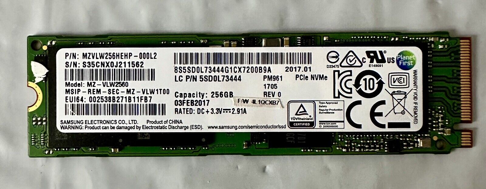 Samsung PM961 256GB PCLe NVMe M.2 SSD Solid State Drive MZVLW256HEHP-000L2