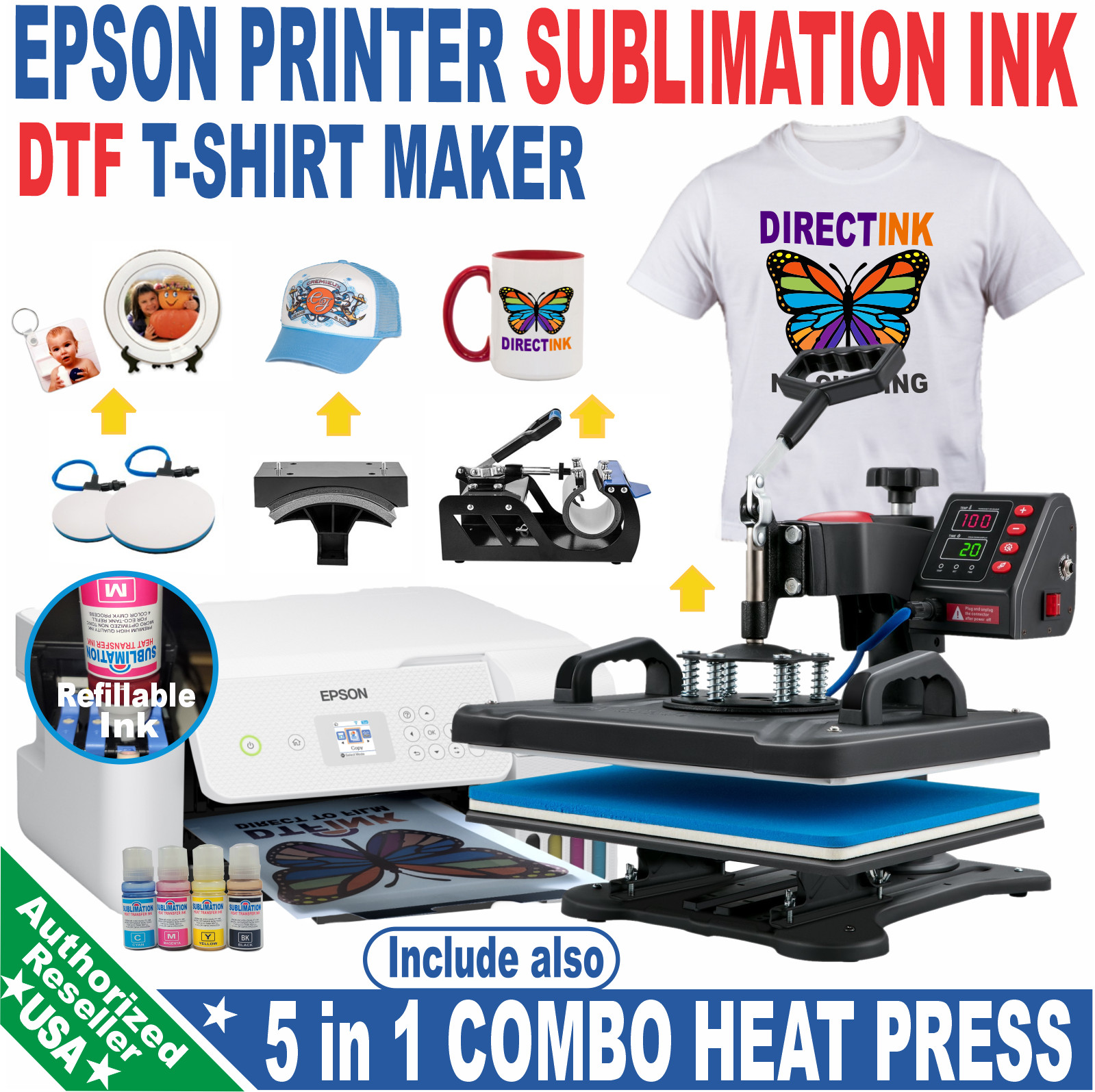 Epson Printer with Sublimation ink Kit plus  5 in 1 Heat Press Complet Bundle,,