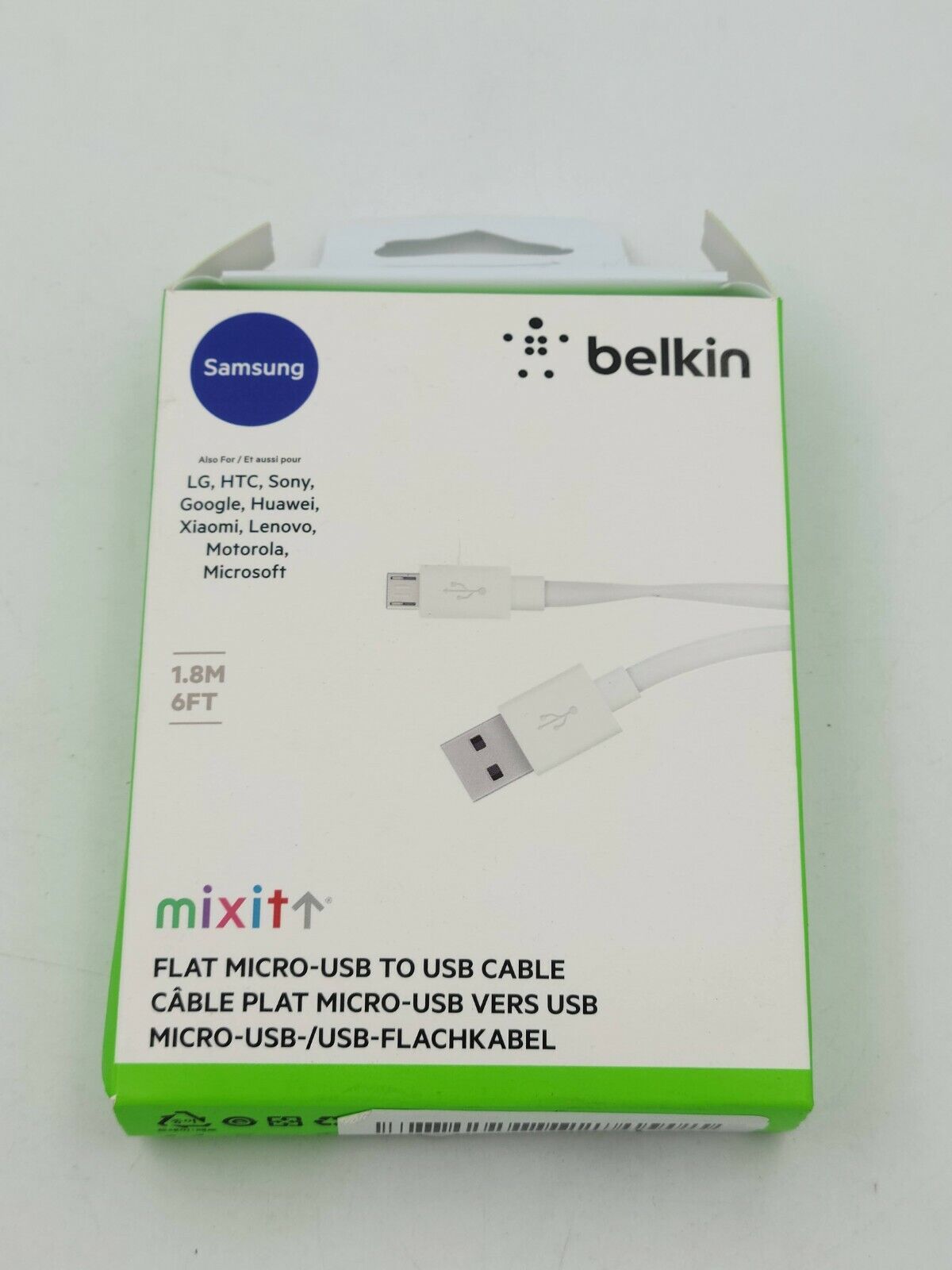 Belkin Flat 1.8M/6FT  Micro-USB to USB-A Cable WHITE