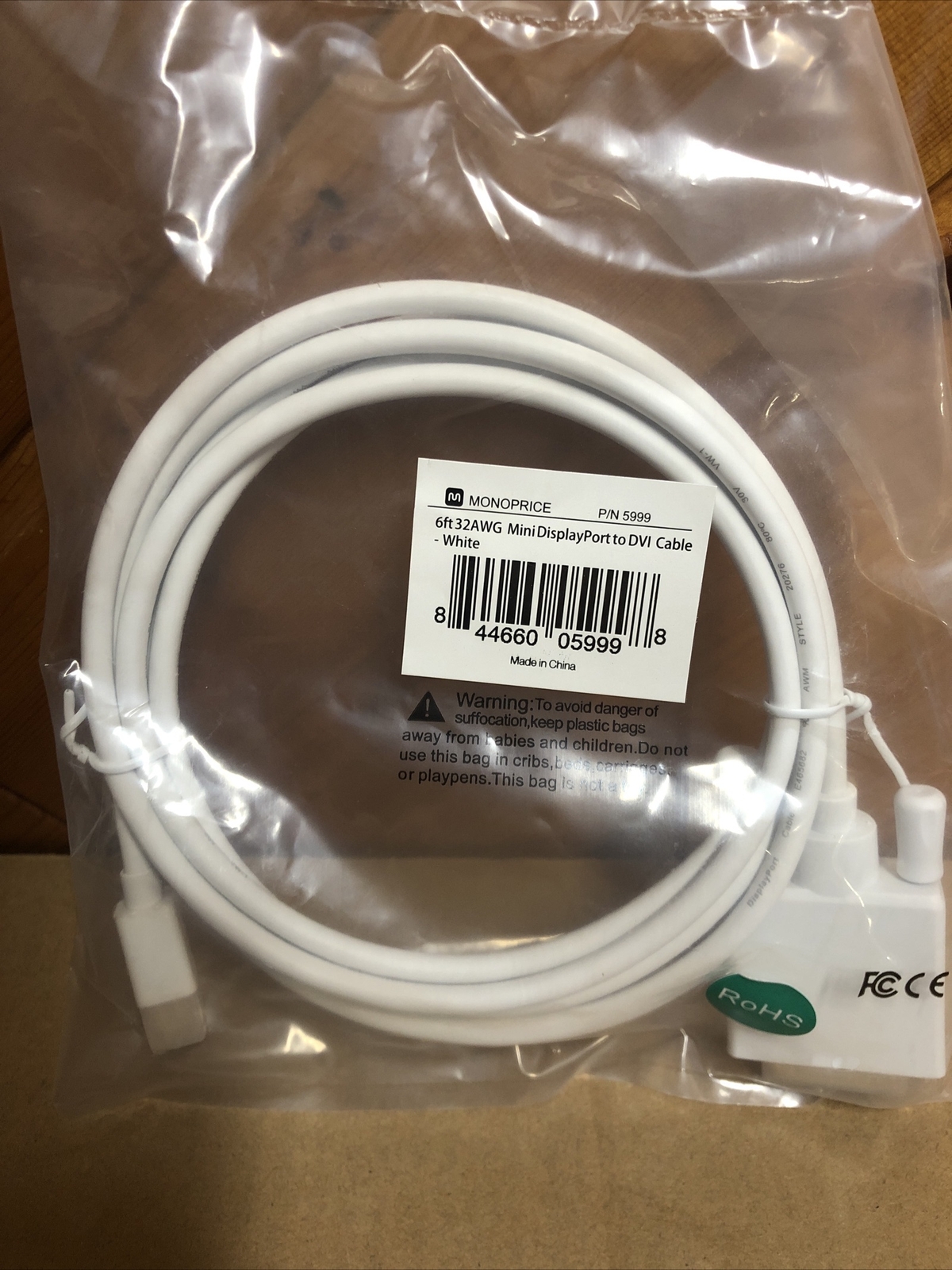 Monoprice 6ft 32AWG Mini DisplayPort to DVI Cable White New