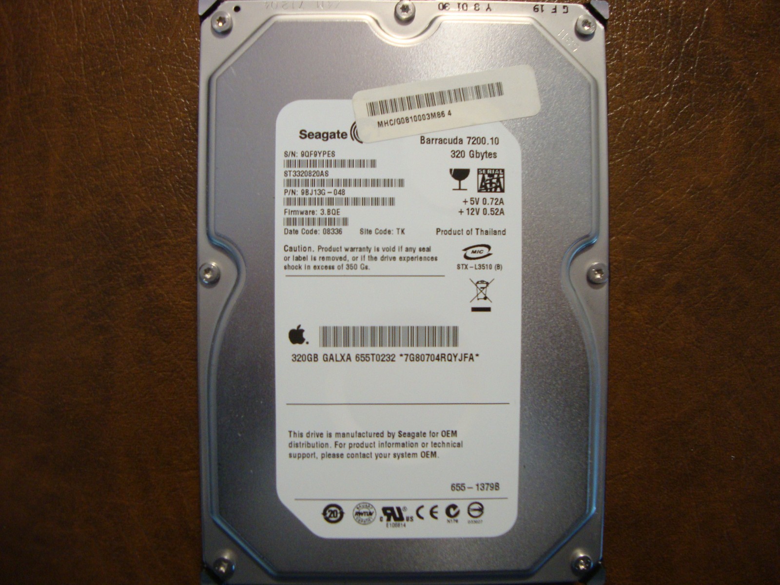 Seagate ST3320820AS 9BJ13G-048 FW:3.BQE TK Apple#655-1379B 320gb 3.5" Sata HDD