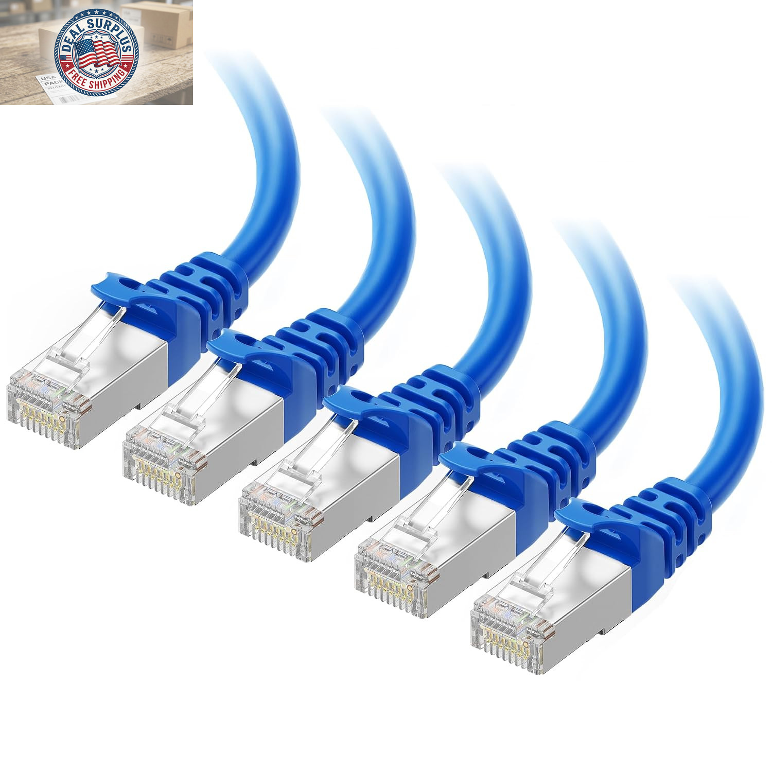 10Gbps 5-Pack Snagless Shielded Cat 6A Cable, 10Ft, Blue | S/FTP Shielded, 26 AW