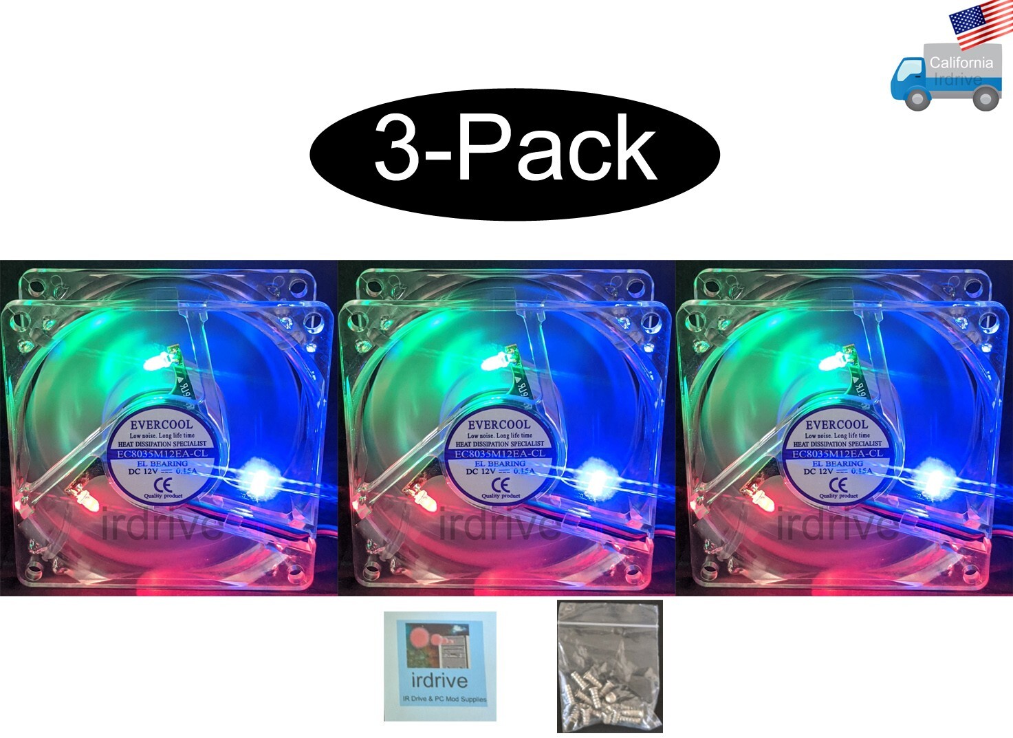 3-Pack: NEW Evercool Crystal 80mm x 35mm Multi-Color LED PC Case Cooling Fan Lot
