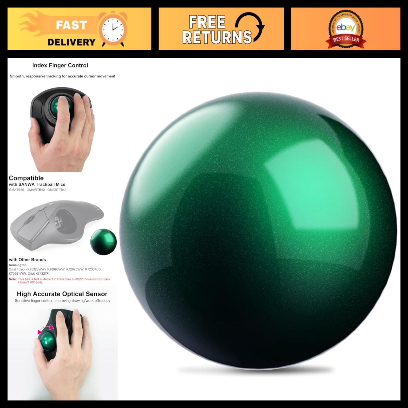 40mm Trackball Replacement Ball for Kensington Orbit & Compatible Mice - Glossy