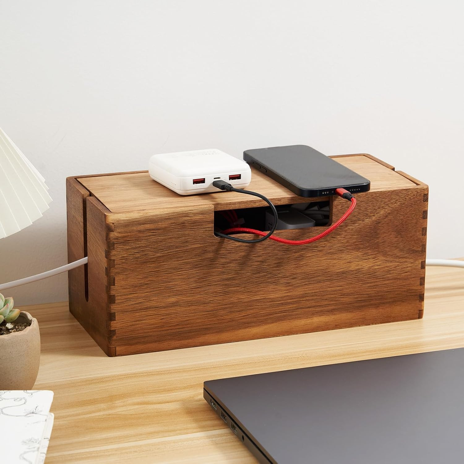 Acacia Wood Cable Management Box Power Strip Cord Hider Desk Organizer