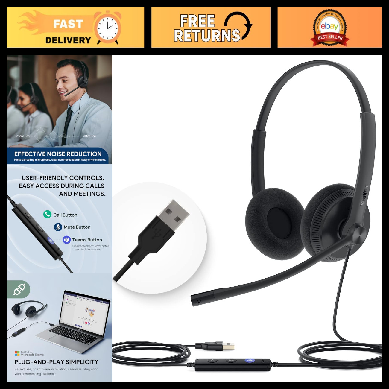 Wired USB-A Headset with Noise Cancelling Mic & In-Line Controls - UH34 Lite