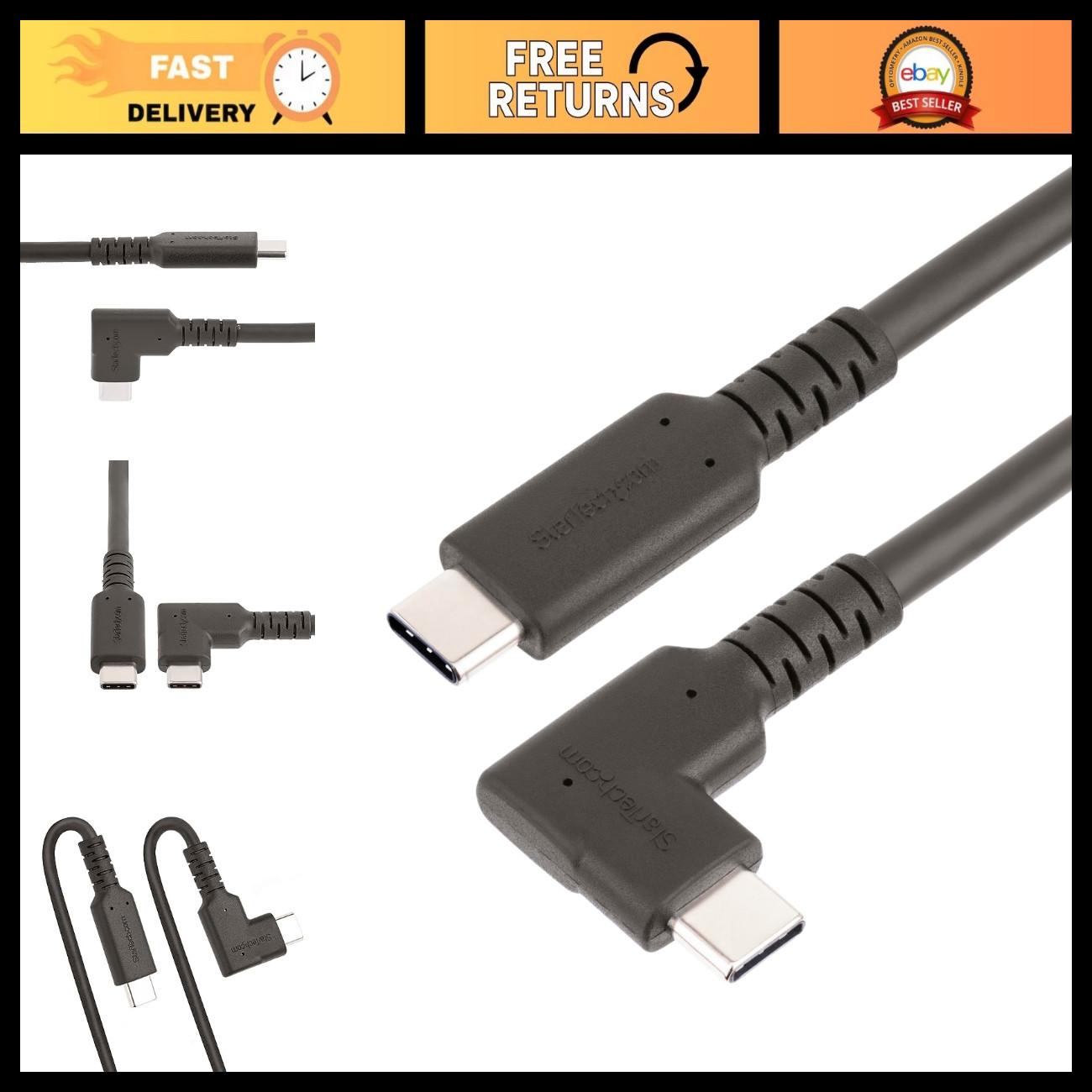 1.6ft Right-Angled USB-C Cable, 10Gbps Data Transfer, 100W Power Delivery, Black