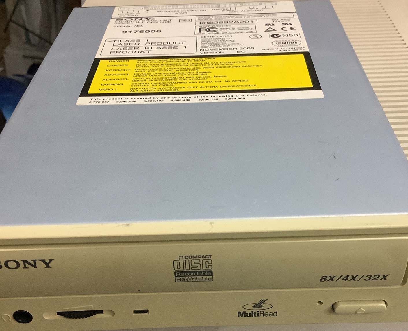 SONY MODEL CRX140E CD-R/RW INTERNAL DRIVE UNIT, CD BURNER Serial No. 9176006