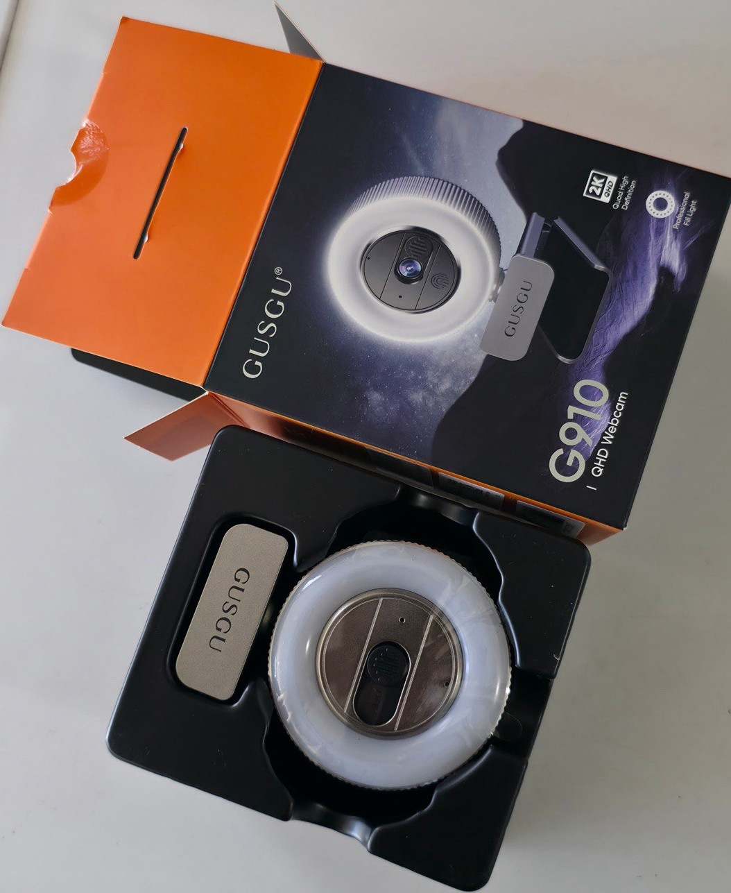 GUSGU G910 2K QHD Webcam Ring Light, Built-in Microphone, Privacy Cover, USB . 