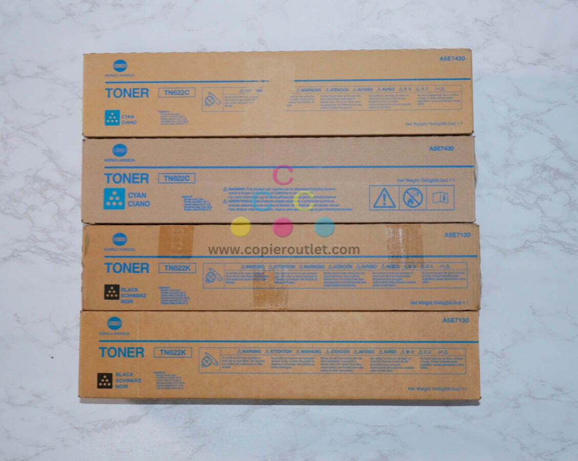 4 OEM Konica Minolta bizhubPRESS C1085,C1100 Cyan and Black Toners TN622C,TN622K