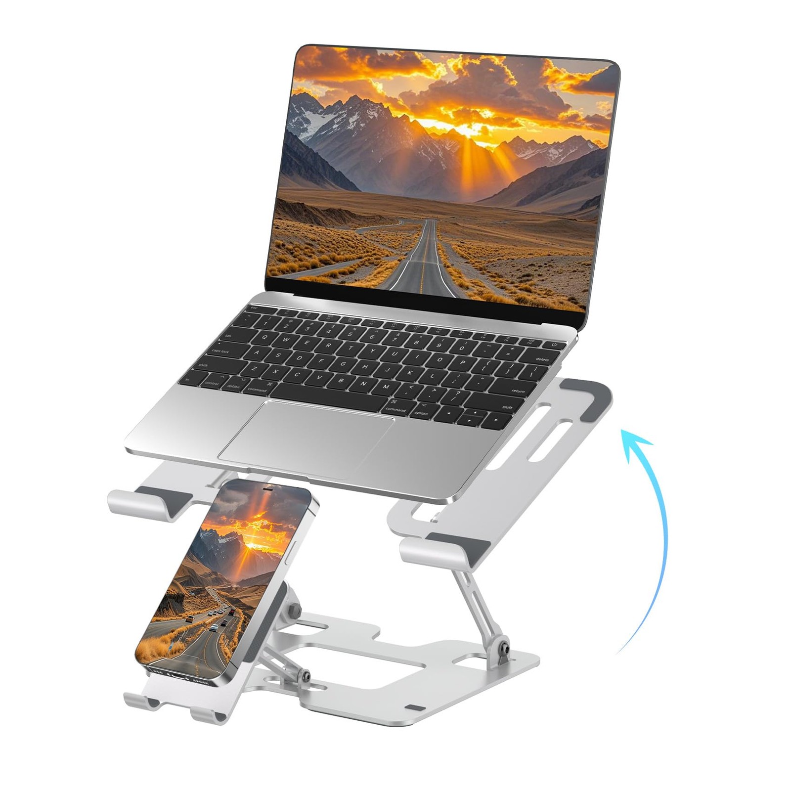 White Ergonomic 2In1 Laptop Phone Stand Adjustable Riser Sturdy Portable Desk