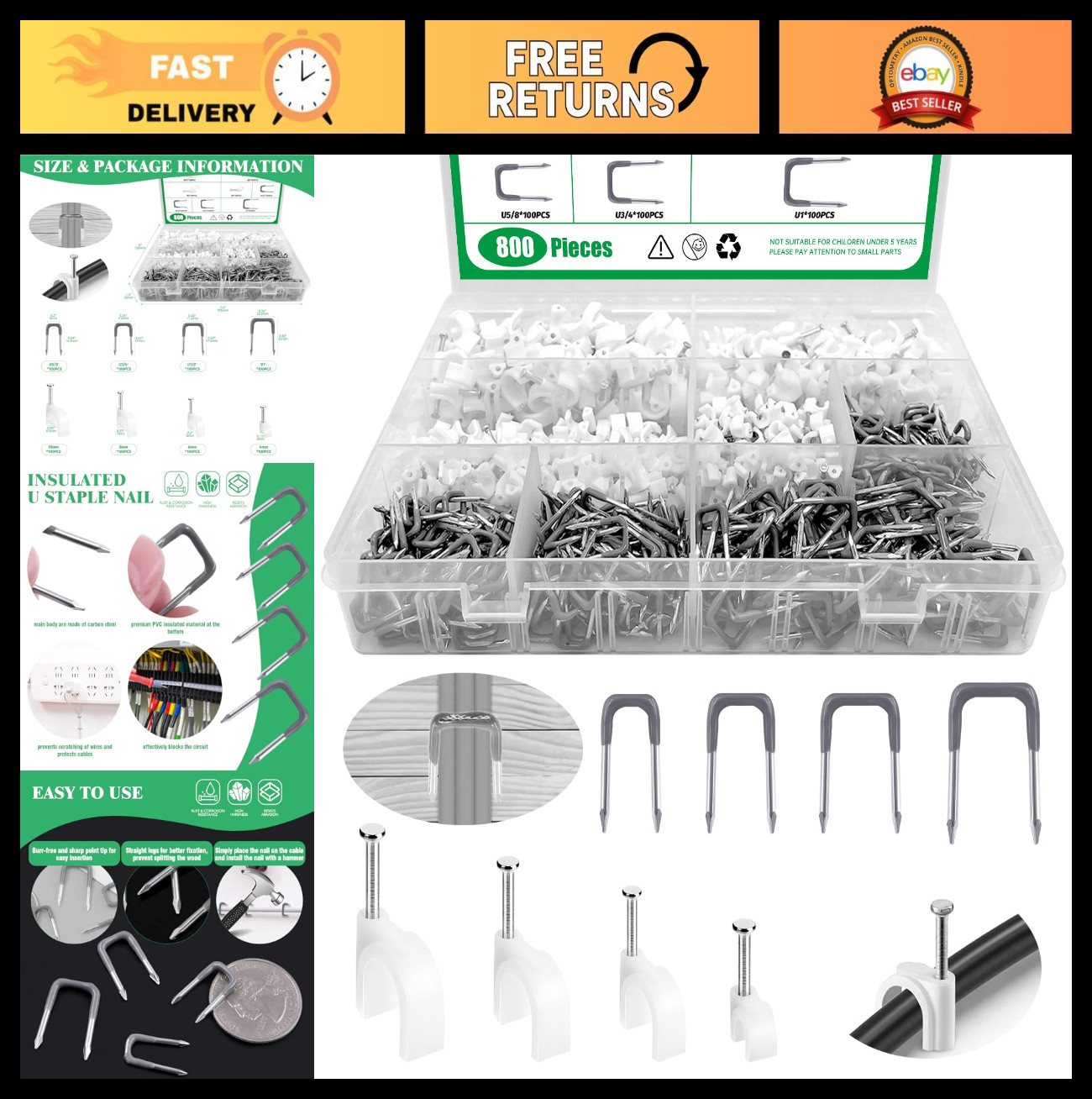 800Pcs J-Hook Ethernet Cable Clips with Steel Nails for Home & Office Wiring