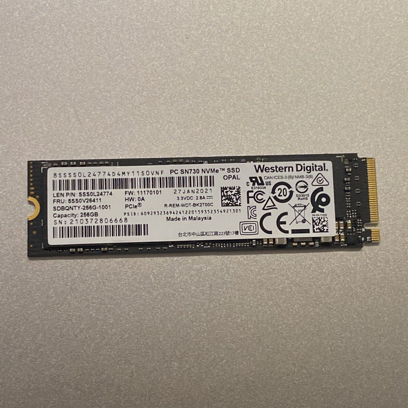 Western Digital SN730 256GB M2 PCIe NVMe SSD SDBQNTY-256G-1001