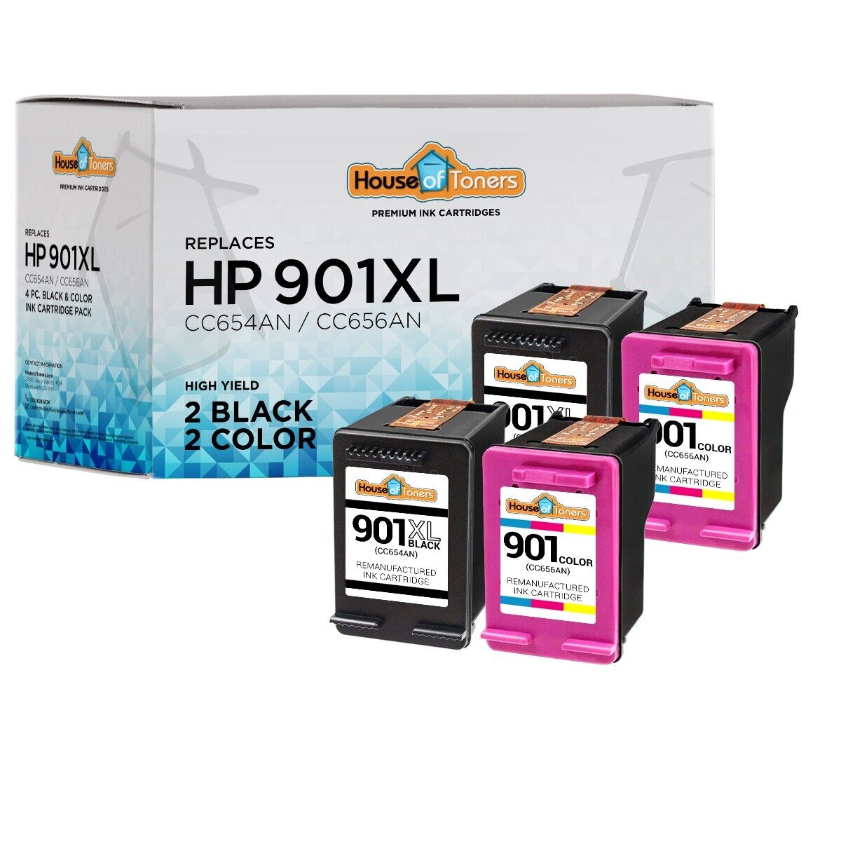 4PK For  HP 901XL CC654AN 2-Black & 2-Color CC656AN G510a J4524 J4580 J4660 4500
