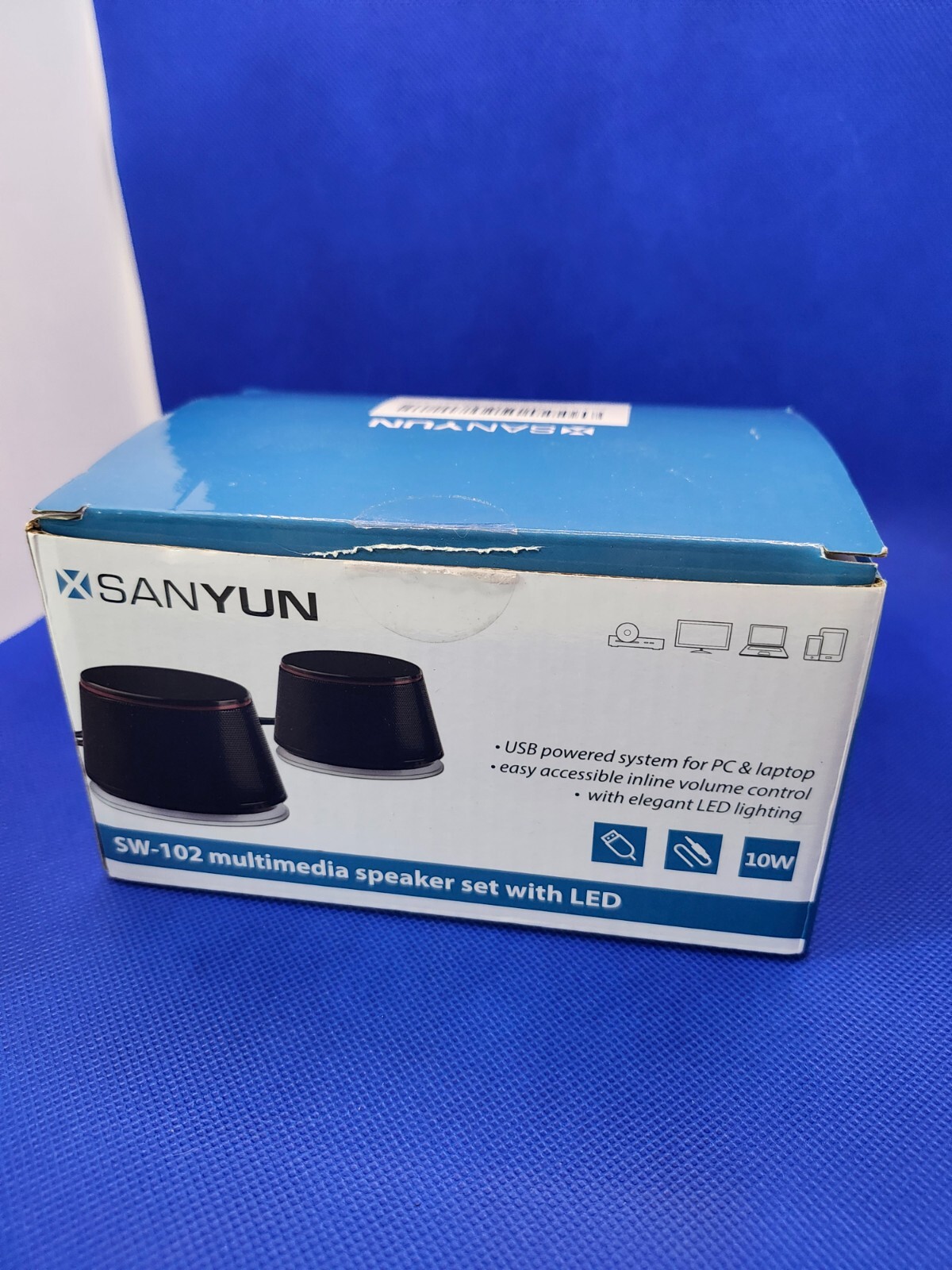 Sanyun SW-102 Multimedia Speaker Set w/ LED Excellent. Black, USB or 3.5MM Jack.