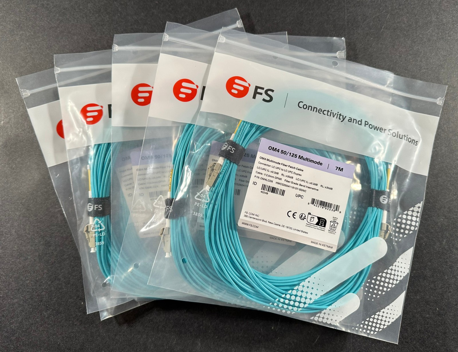 Lot of 5 FS 7M OM4 50/125 LC/UPC-LC/UPC Duplex MultimodeFiberPatch Cable OM4LCDX