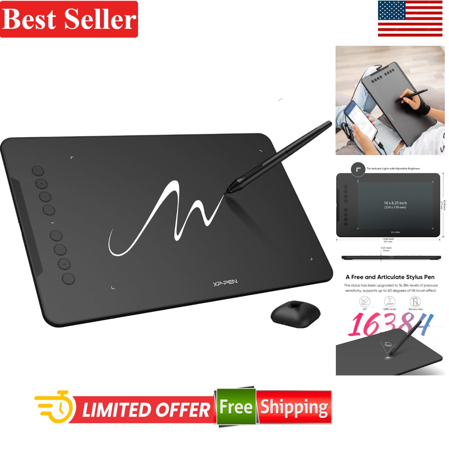 Graphics Tablet with 16K Pressure Levels Compatible With Windows Mac Android