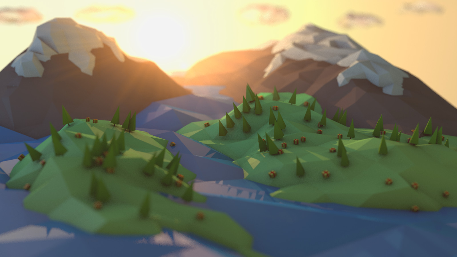 Landscape low poly art mountains sunlight river trees Custom Gaming Mat Desk