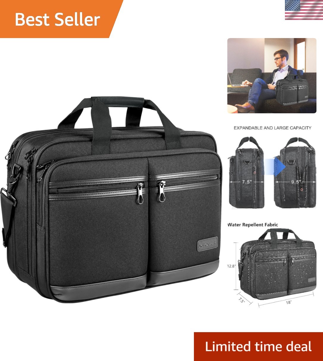 Expandable Briefcase for 17.3-Inch Laptops - Water-Repellent Protection