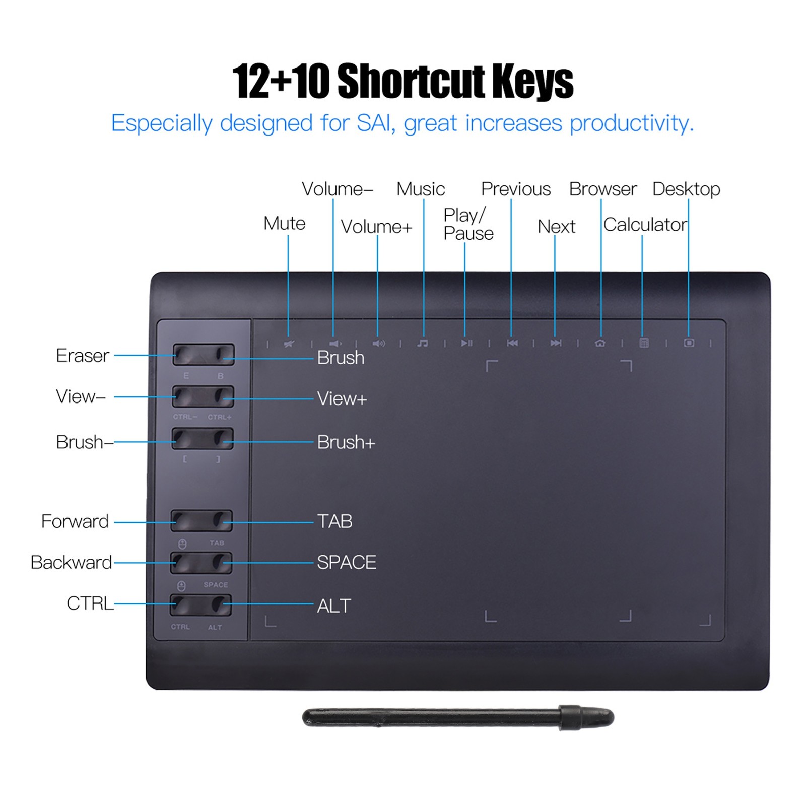 10x6 Inch Professional Graphics Drawing Tablet 12 Express Keys With 8192 QGKD