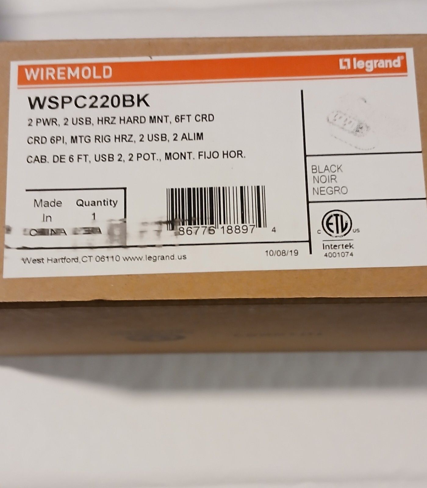 Legrand WSPC220BK 2PWR, 2 USB, HRZ HARD MNT, 6ft CRD, BLACK *BRAND NEW*