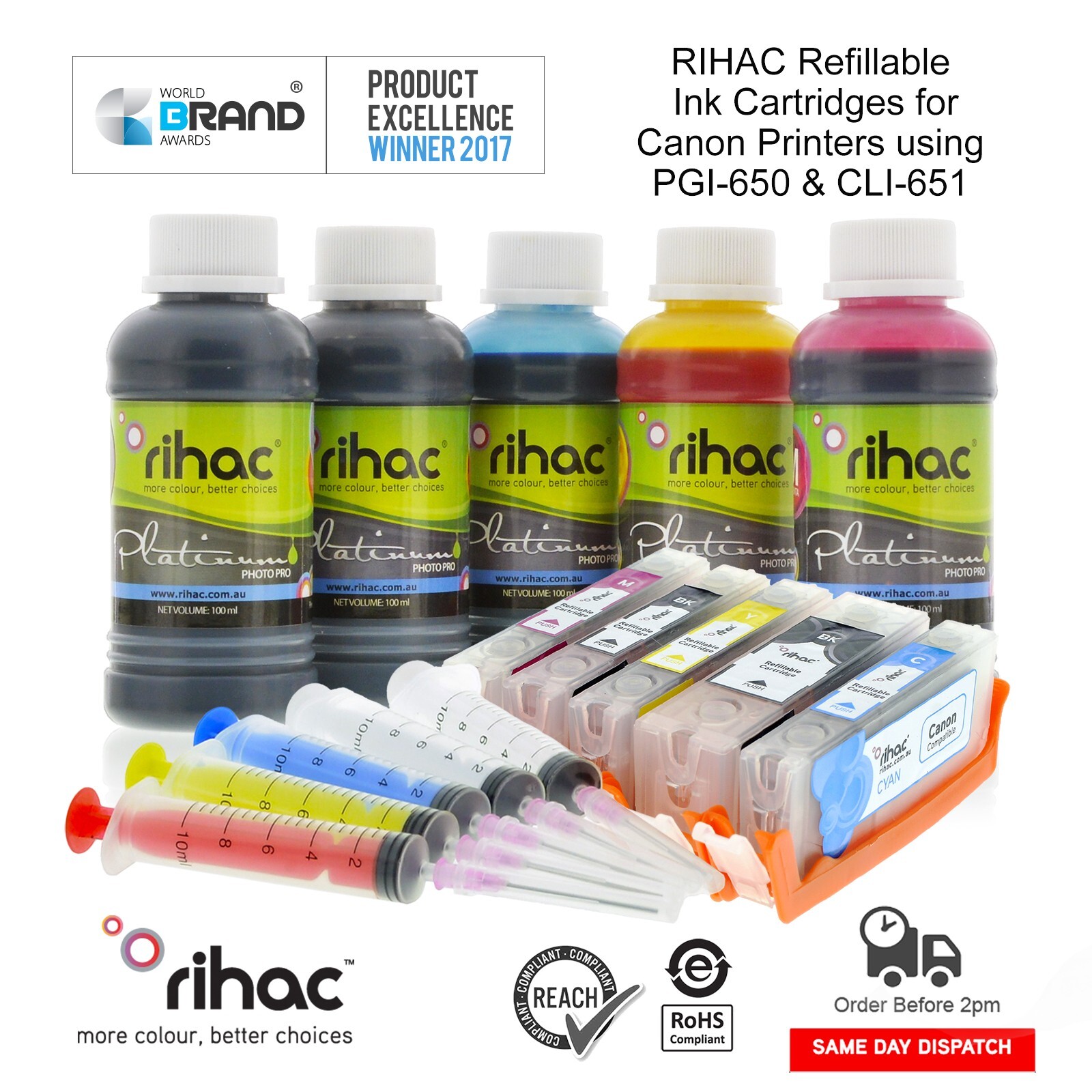 Rihac Refillable Cartridges for CANON MX726 MX926 printer CLI-651 + Refill Ink