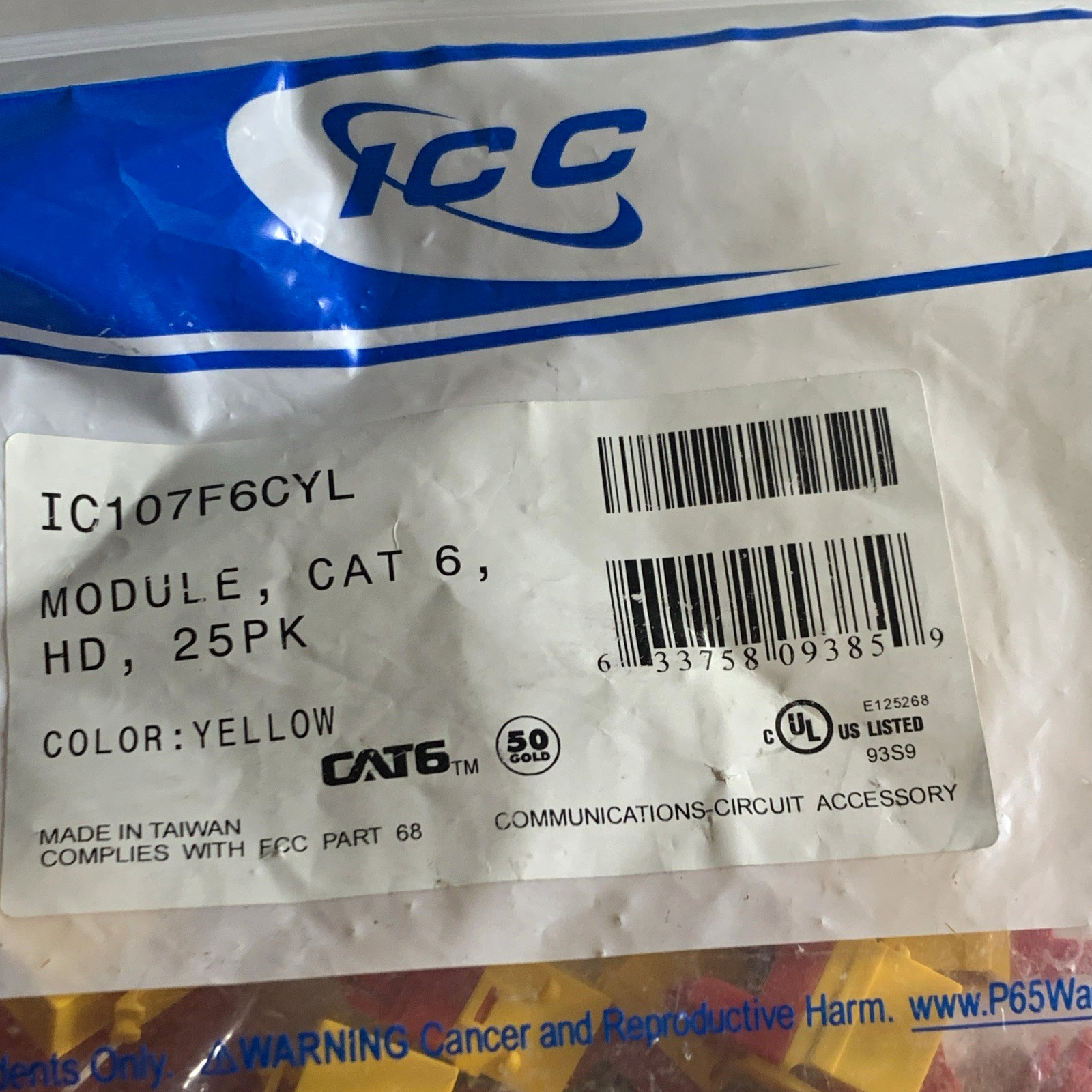 ICC IC107F6CYL CAT6 Module Yellow 25 Pack, Cat 6 to Cat 6 Connectors
