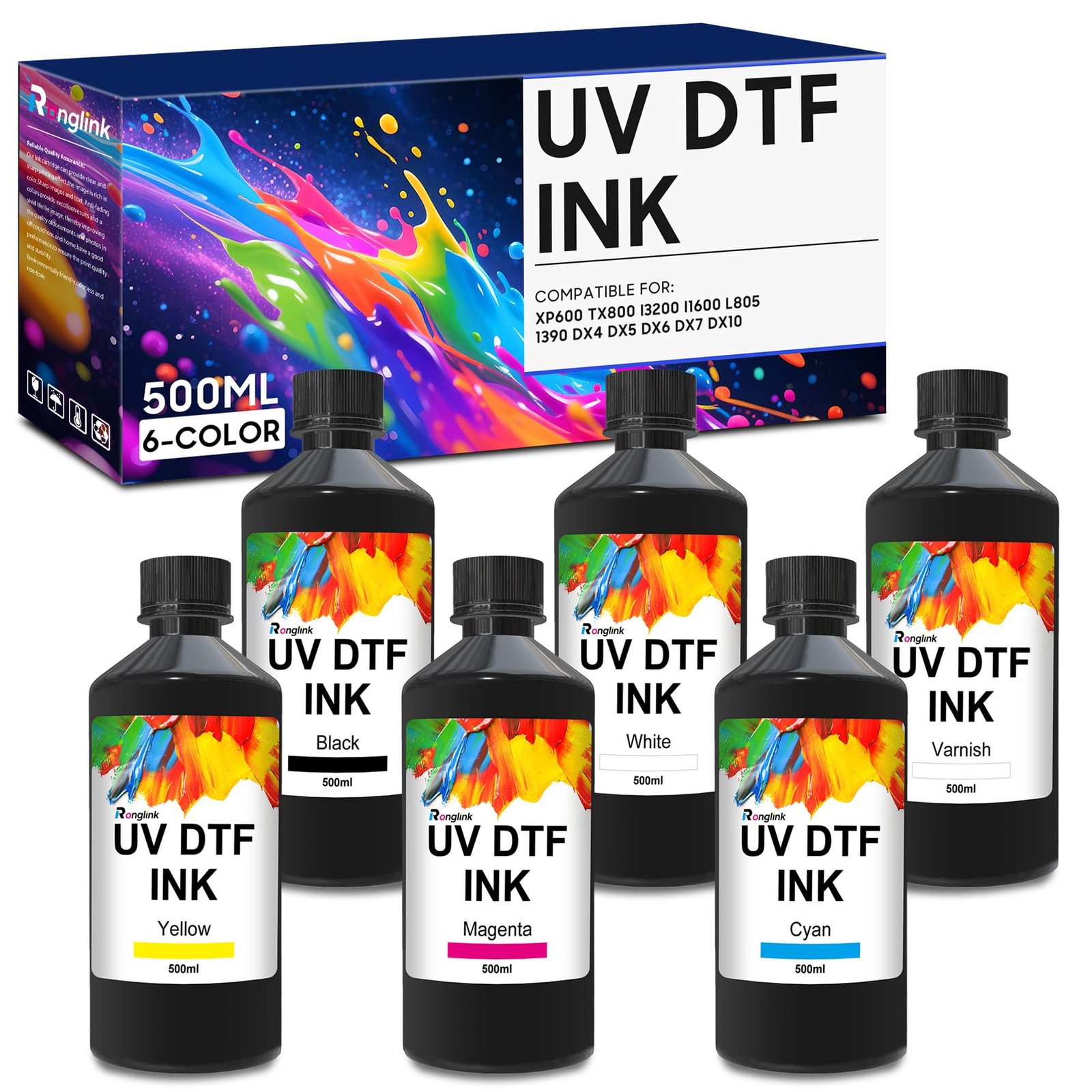 UV DTF Ink for Hard 500ML-UV Ink, Black Cyan Magenta Yellow Varnish White