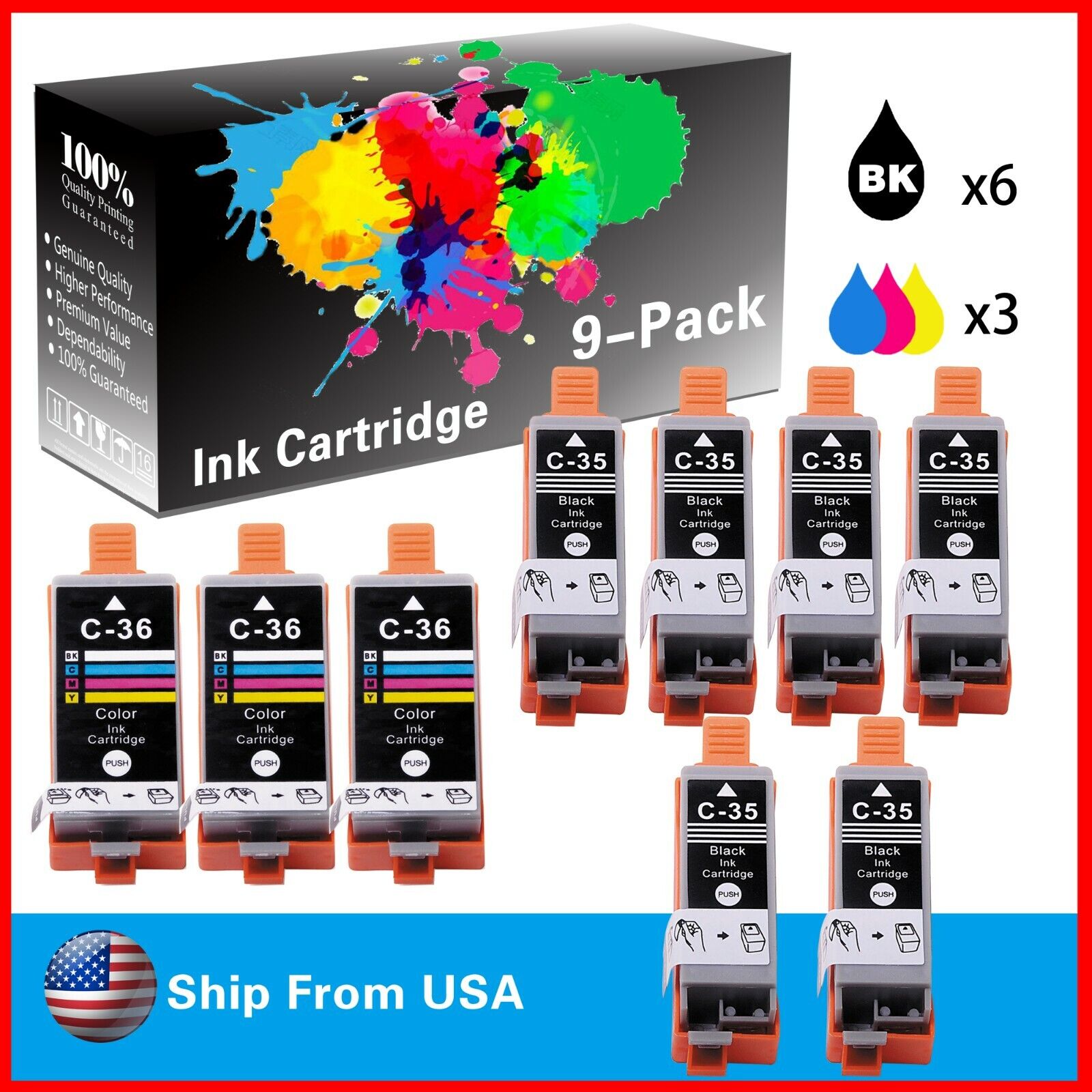 9Pk PGI35 CLI36 Ink Cartridge use for Canon PIXMA Mini260 (6 Black+3 Tri Color)