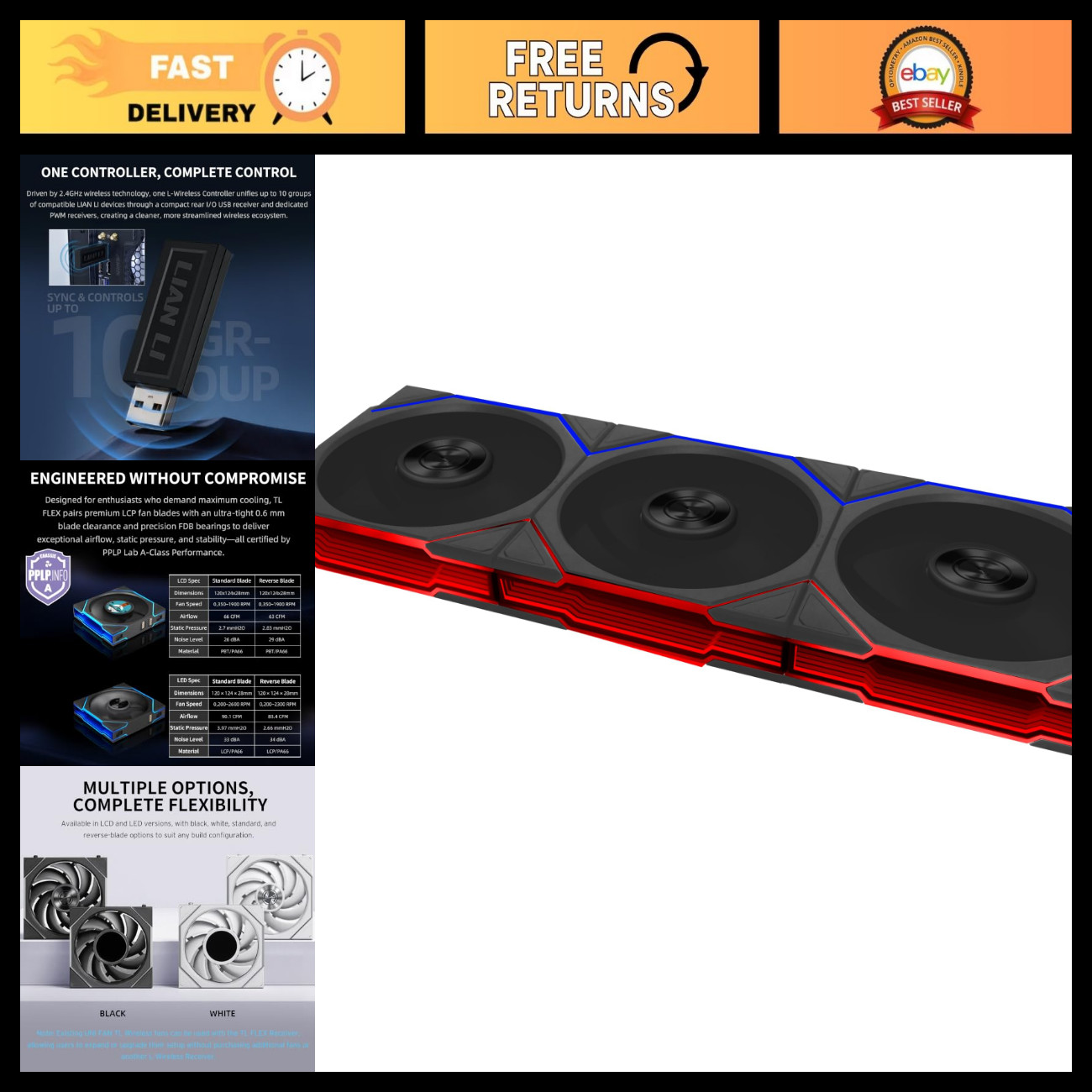 120mm ARGB PWM Fans - 3 Pack, Reverse Blade Design, Black Cooling Solution