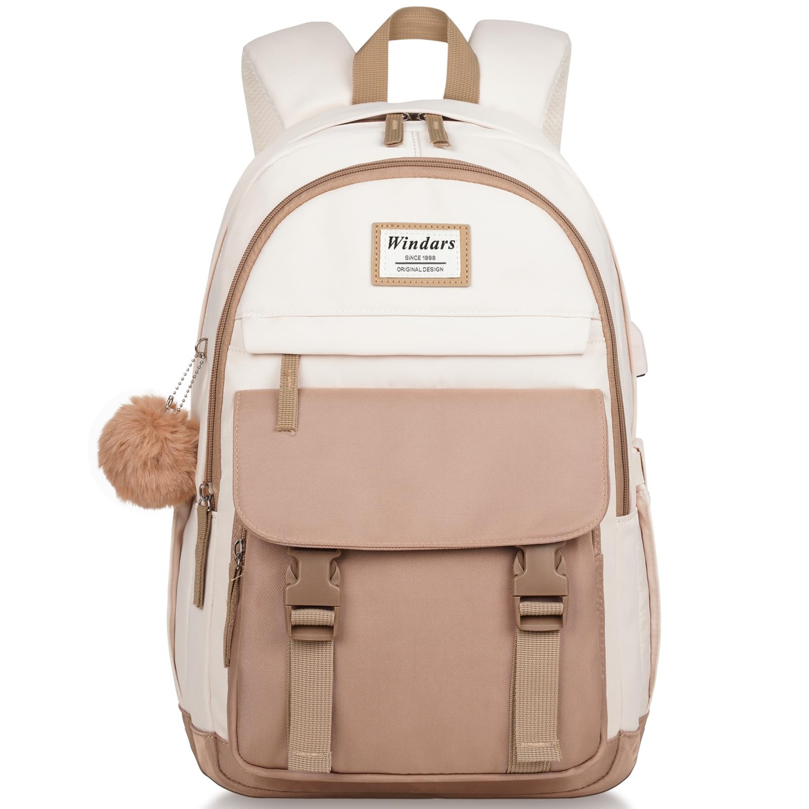 WINDARS School Backpack for Teen Girls, Cute College 15.6 inch, Beige Khaki